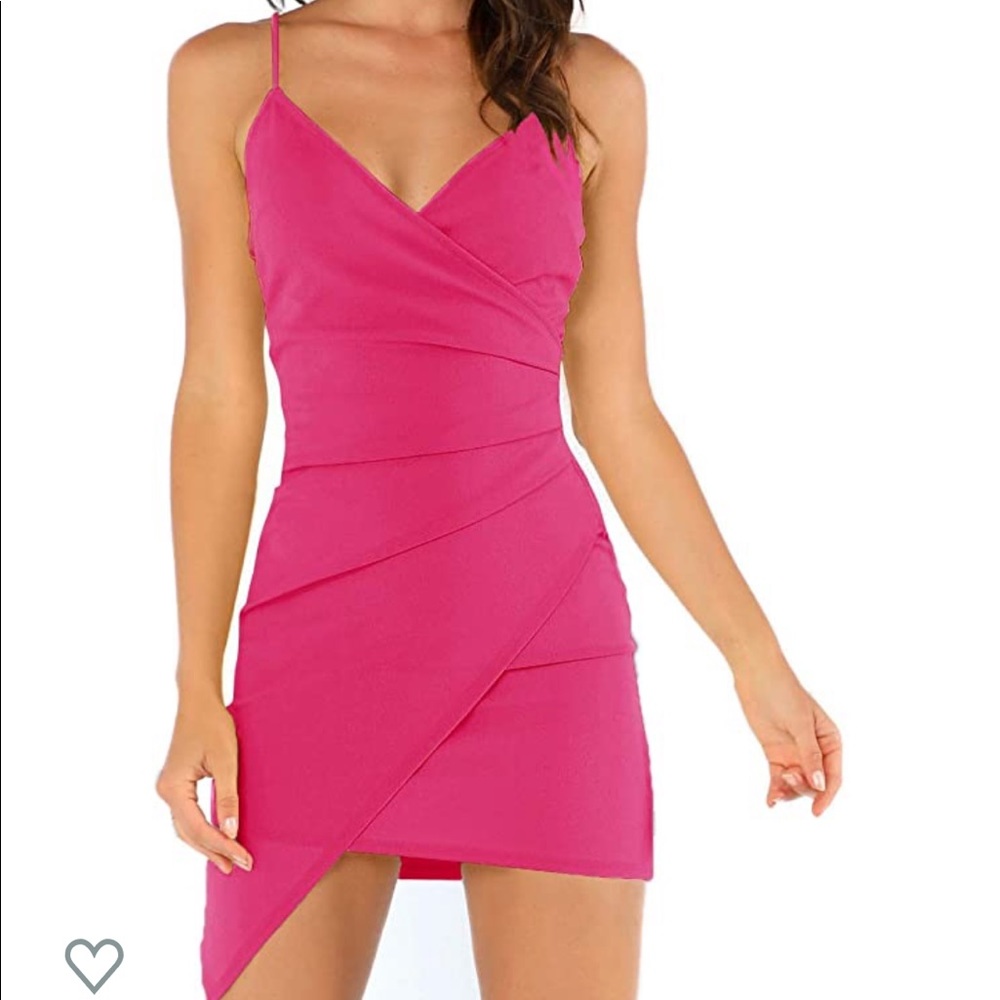 Hot Pink Asymmetrical V Neck Dress